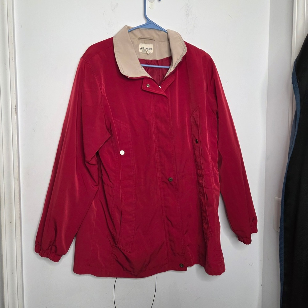 St Johns‎ Bay Womens Red Utility Jacket Tan Collar Zip Snap Front Size Large
